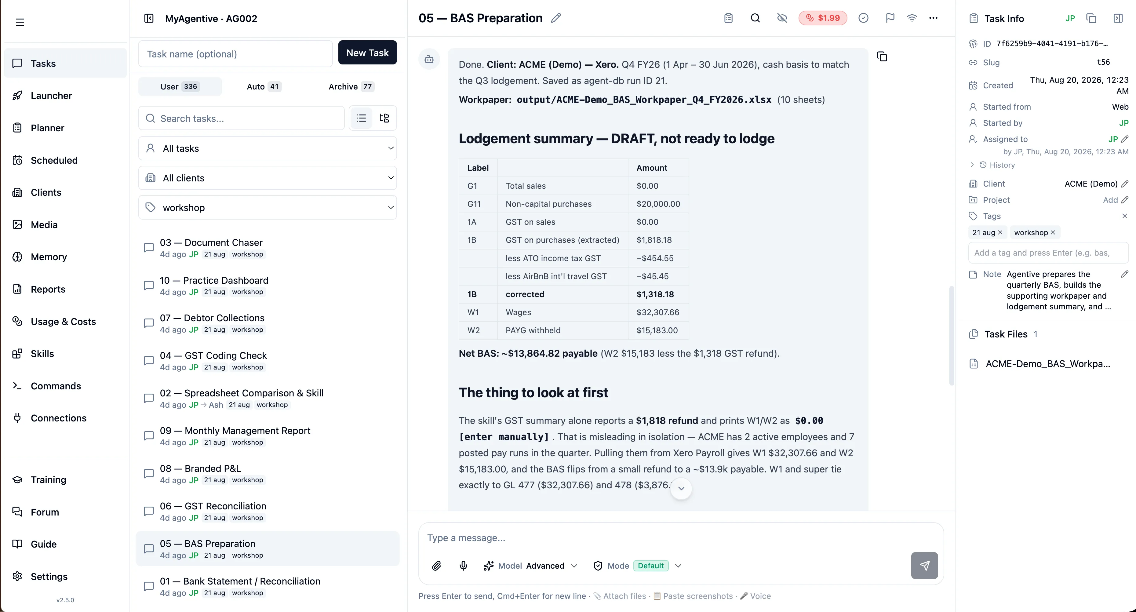 The MyAgentive AI Employee web interface: tasks, launcher, planner, clients, reports, usage and costs, skills and connections in one workspace
