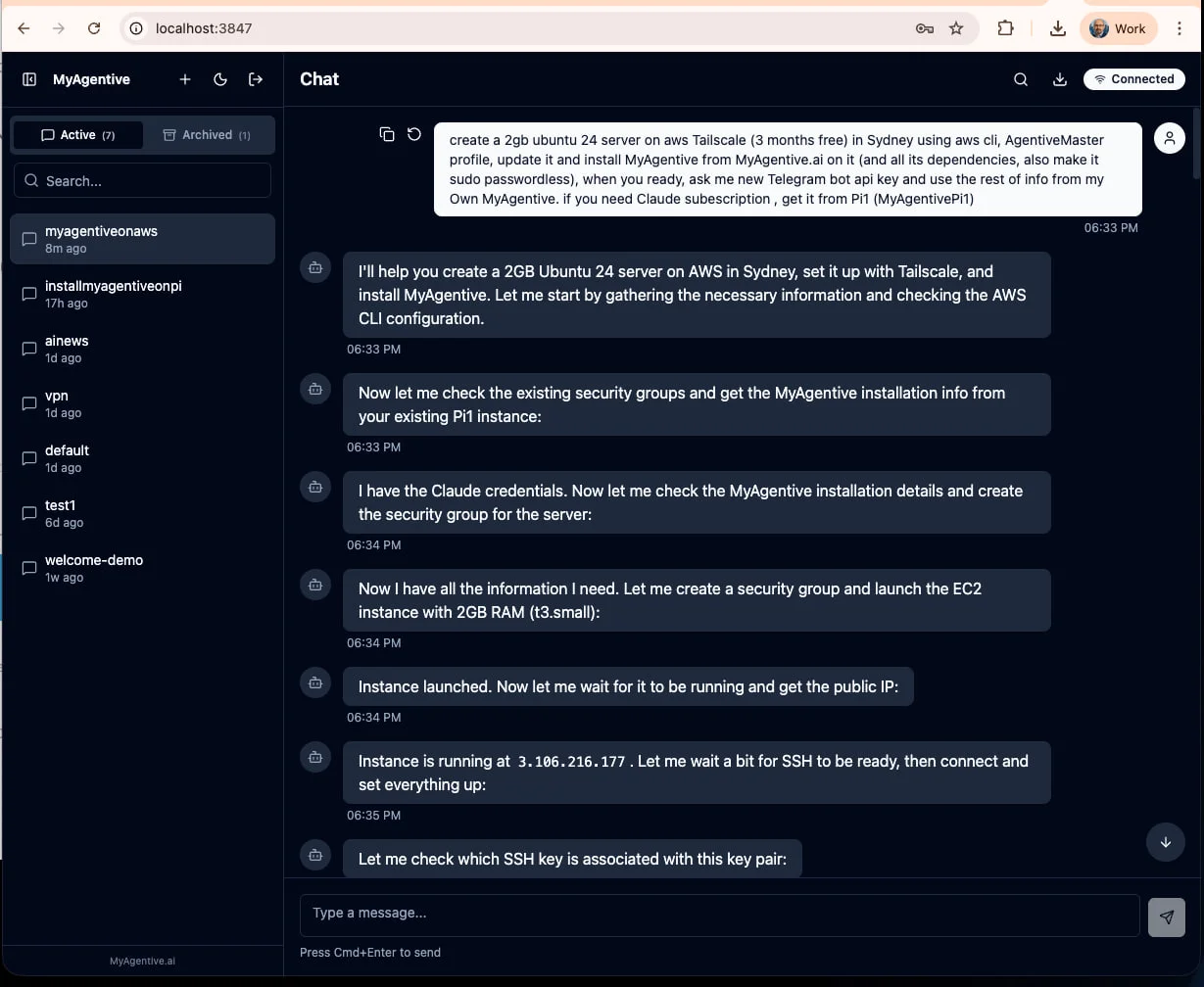MyAgentive Web UI showing the AI agent interface