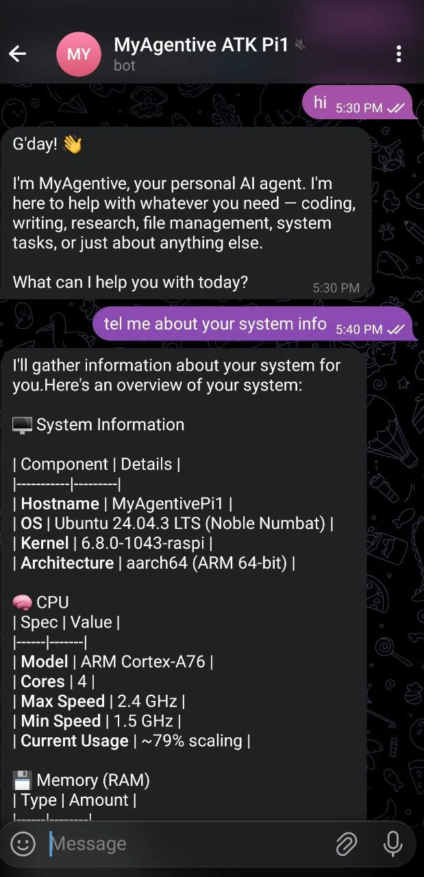 MyAgentive AI agent running on Raspberry Pi single-board computer